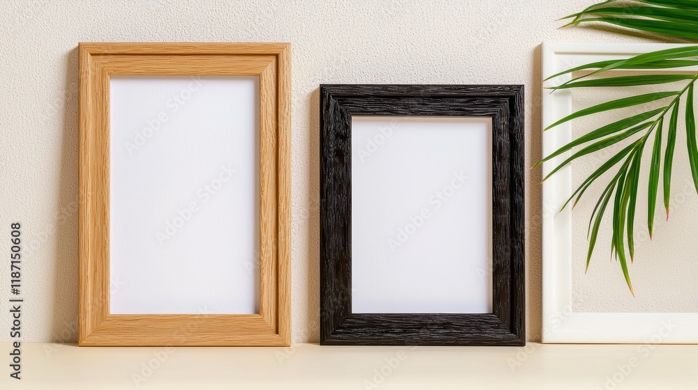 Aufkleber three empty picture frames in various colors sit on a light surface, accompanied by a green plant, c