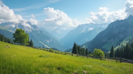 Fototapeta premium Serene Alpine Meadow with Distant Peaks and Wooden Fence