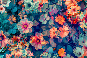 Colorful floral pattern with a variety of flowers including daisies