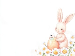 Obraz premium A cute bunny and a chick with colorful easter egg and flowers.