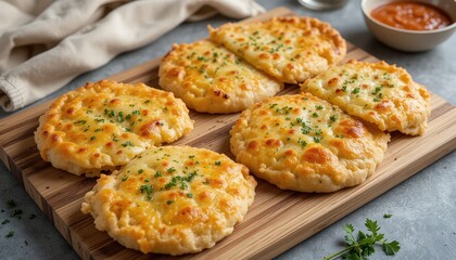 Fototapeta premium Freshly baked golden brown bread topped with melted cheese and sprinkled with chopped parsley. The simple composition highlights the appetizing warmth and rustic charm of the dish.