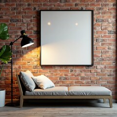 Modern minimalist posters & sleek lamps against brick backdrop, shadow, stock photo