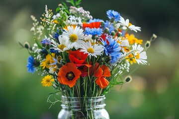 A wildflower bouquet with a mix of daisies, cornflowers, and poppies, arranged in a mason jar.