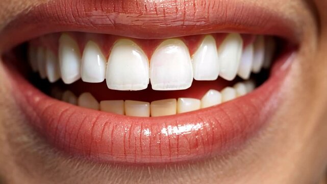 Close-up view highlights a radiant smile showcasing bright, white teeth and smooth, glossy lips. The dental aesthetic conveys the results of effective cosmetic procedures in dentistry.