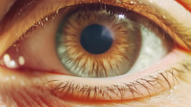 Extreme close-up of a human eye with intricate iris details, captured in macro slow motion with soft natural lighting