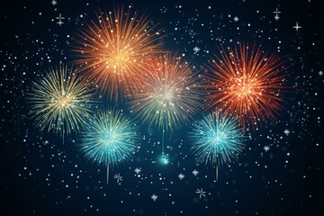 Fototapeta premium Bright colorful fireworks exploding in the night sky with stars and snowflakes during a celebration