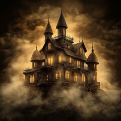 Spooky Victorian Haunted House on a Foggy Night, Perfect Halloween Backdrop for Gothic Tales.