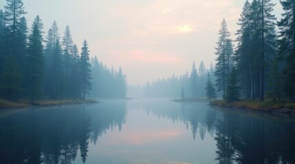 Fototapeta premium Serene Forest Lake with Evergreen Reflections and Pastel Sky