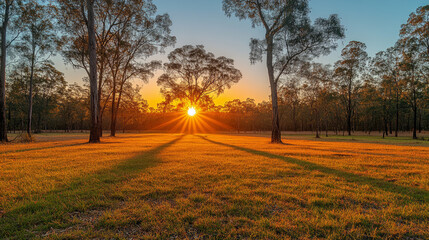 Naklejka premium Sunset over golden fields nature photography rural landscape tranquil environment wide-angle view