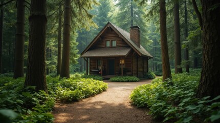 Serene Forest Path to Hidden Wooden Cabin