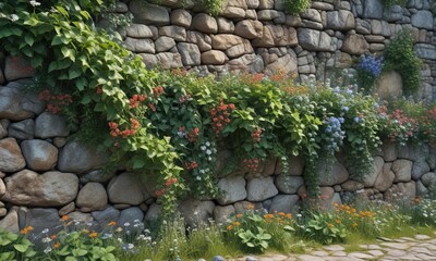 Detail of ancient stone wall covered in ivy and wildflowers, lush greenery, earthy tones , ivy covered stone