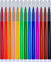 Set of markers with basic colors for drawing and coloring. Sale and advertising of markers and drawing with them. Felt-tip pen for drawing courses. Set of markers with a cap for children.