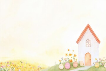 A whimsical illustration of a house amid blooming flowers.