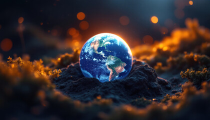 Fragile Earth: A Glowing Orb Resting on Dark Soil