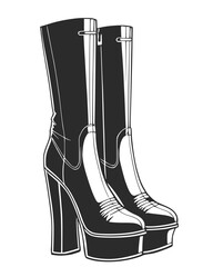 Hand drawn women's boots with high leg. High heel leather boots. Black and white vector illustration.