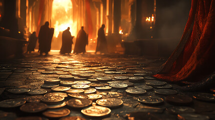 A tight focus on silver coins scattered across the temple floor, the soft glow of torchlight emphasizing their texture, blurred arguing figures in the background creating a dramatic contrast,