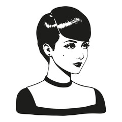 Beautiful young woman with retro haircut. Trendy short hair. Hand drawn black and white illustration.