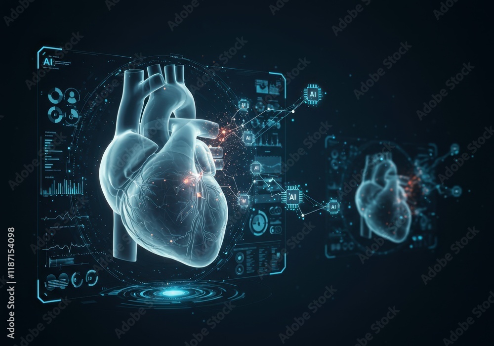 Poster futuristic ai-driven heart visualization in digital health interface