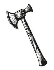 Hand drawn viking battle axe. Black and white illustration.