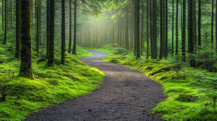 Obraz premium Winding path through lush green forest nature scene tranquil environment sunlit viewpoint peaceful concept