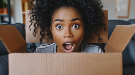 A photo of a girl looking out of a box with a surprised expression on her face will be suitable for advertising gifts, surprises and unexpected discoveries.