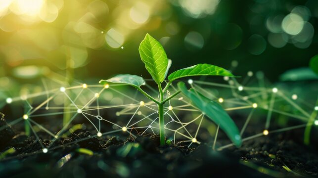 A young plant with brightly coloured leaves and futuristic elements. Ideal for blogs about nature, biotechnology and the future of the planet.