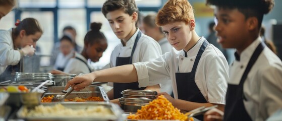 A group of schoolchildren in white shirts and aprons handing out food in the canteen. Ideal for articles about school meals, volunteering and catering in educational institutions.