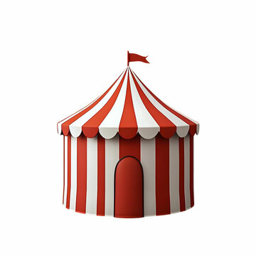 Red and white striped 3D circus tent icon, cartoon design, on a black background, featuring no shading or shadowing, isolated with simple, thick outlines.