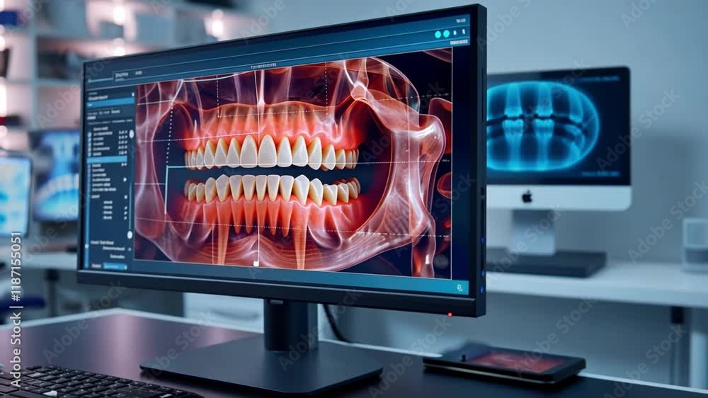Poster The advanced ai technology showcased on a large computer monitor provides detailed imaging of teeth and gums, aiding cosmetic dentistry in a contemporary clinic environment.