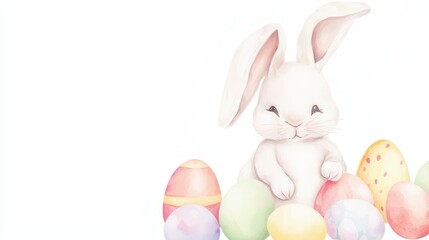 Obraz premium Cute white bunny surrounded by colorful Easter eggs.
