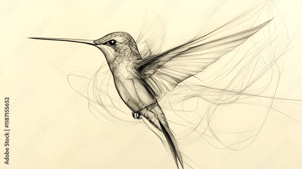 Poster a graceful monochrome line art illustration of a hummingbird in flight with fluid strokes creating a