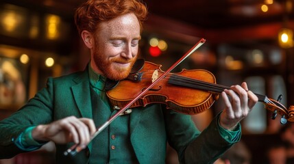 Red haired man plays violin in green jacket