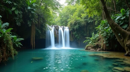 Serene Waterfall Cascading into Crystal-Clear Pool
