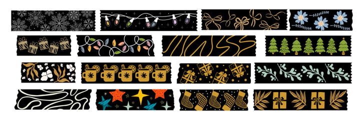 Washi tapes Christmas collection. Black and gold scrapbook stripes, sticky label tags and decorative scotch strip with Winter holidays elements. Vector illustrations. Digital stickers for planner.
