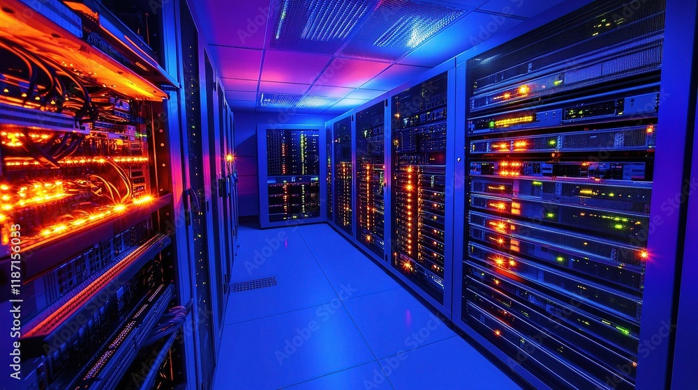Poster high-tech server room with interconnected storage systems in action
