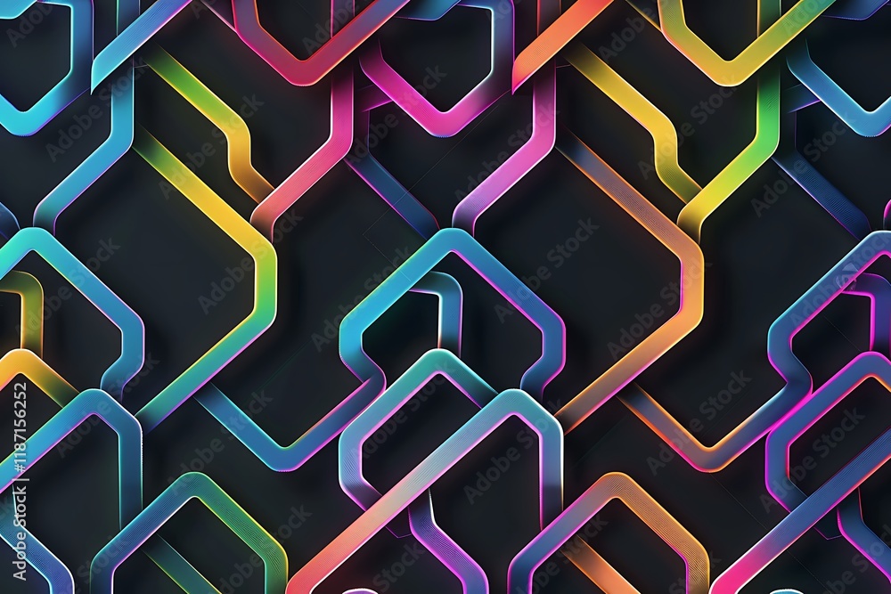 Poster a vibrant abstract background featuring a repeating pattern of interconnected, multicolored neon hex