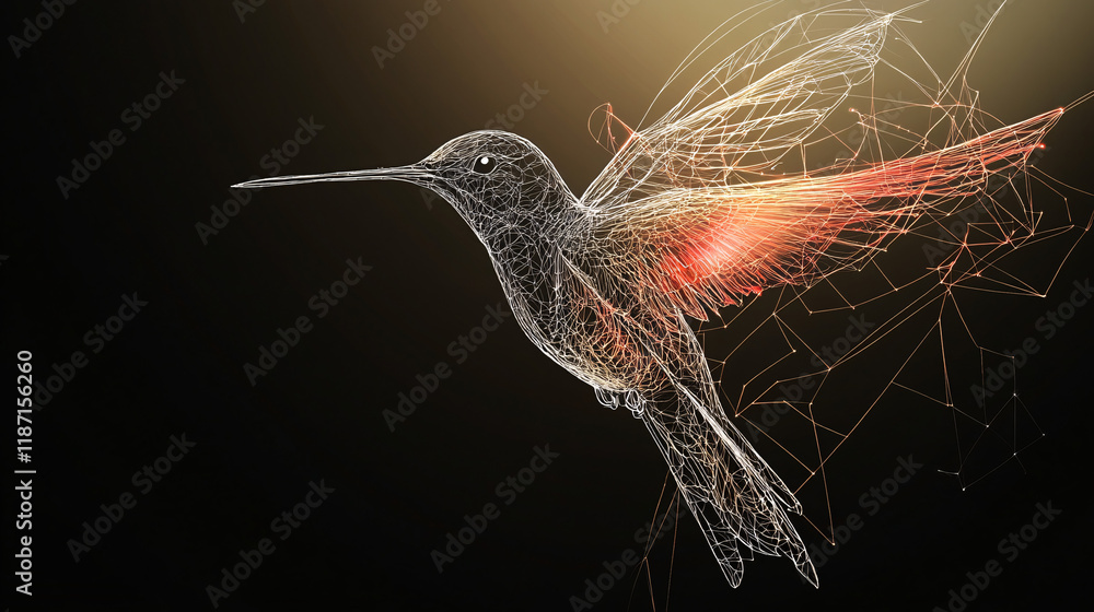 Poster futuristic digital hummingbird with glowing abstract lines and red accents appearing to disintegrate