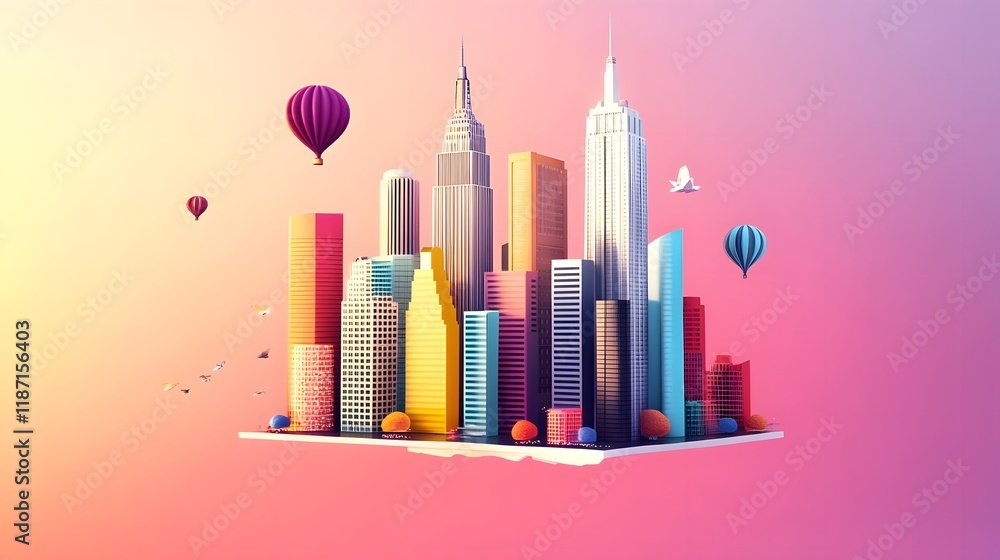 Wall mural A vibrant cityscape with skyscrapers and hot air balloons against a colorful gradient background.