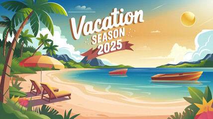 Summer vacation concept with text - Vacation season 2025. Sun, sea, beach, rest, palm trees, summer time for rest and holiday, Summer vacation, vacation 2025
