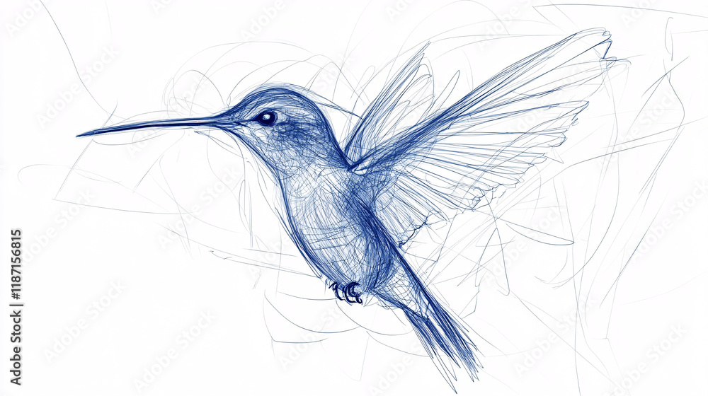 Poster graceful hummingbird drawn in blue sketch lines with delicate details and artistic strokes appearing