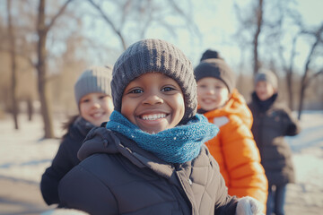 A group of children with scarves and hats enjoying a snowy day outdoors. Concept of friendship, childhood, winter, and outdoor activities.