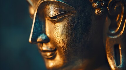 A close-up of a golden Buddha face, capturing the intricate details and textures of the serene expression against a dark background.