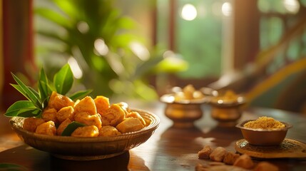 A close-up of a Ugadi celebration table, featuring traditional items like neem leaves and jaggery, symbolizing new beginnings.