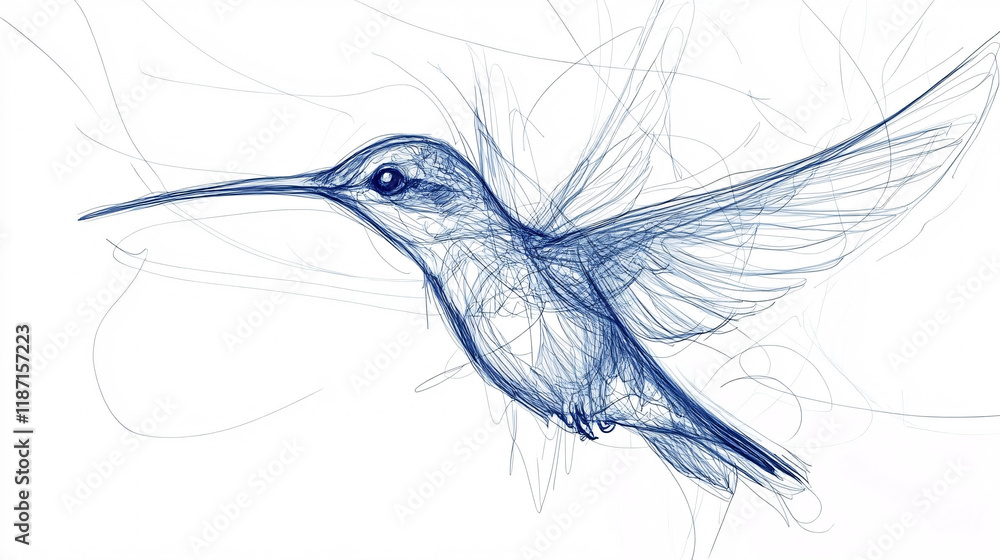 Poster a delicate blue ink sketch of a hummingbird in mid-flight with intricate lines forming an artistic a