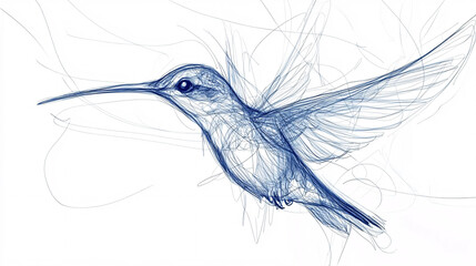 A delicate blue ink sketch of a hummingbird in mid-flight with intricate lines forming an artistic and elegant representation of motion

