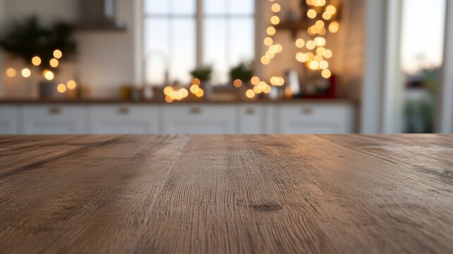 Empty wooden table with blurred christmas kitchen background with string lights providing warm and cozy atmosphere, perfect for displaying products