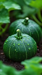 Fresh Green Pumpkins in a Garden Setting