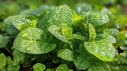 Fresh Green Leaves with Water Droplets