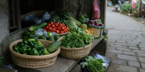 A colorful display of fresh vegetables at a local market, showcasing the abundance of produce and promoting healthy eating while portraying the vibrancy of community life.
