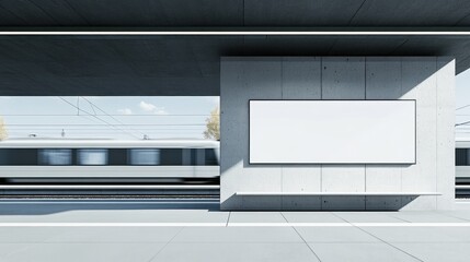 Blank billboard at modern train station platform.